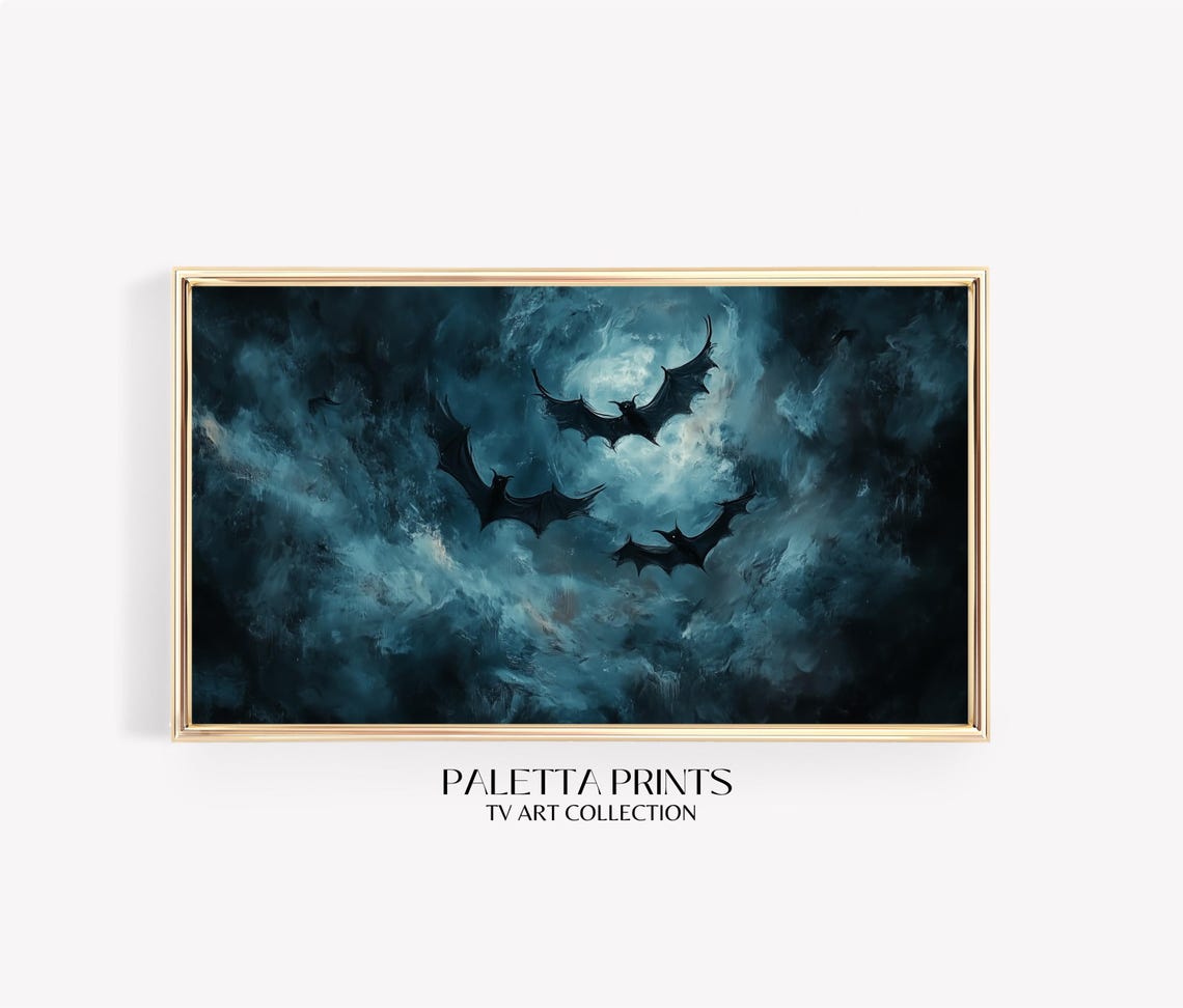 Bats In Moonlit Teal Storm Clouds Dark Halloween Night Sky Art Poster