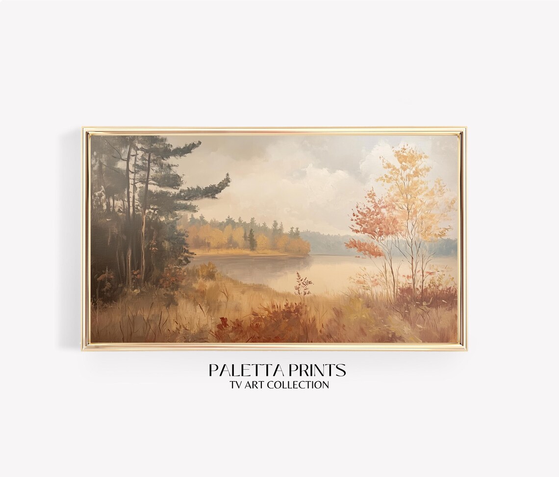 Misty Autumn Lake Pines Golden Trees Lakeside Landscape Travel Poster
