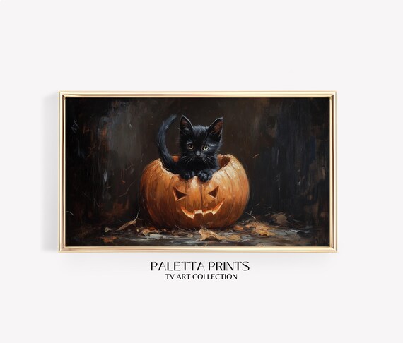 Cute Black Kitten In Jack O Lantern Pumpkin Halloween Art Wall Poster