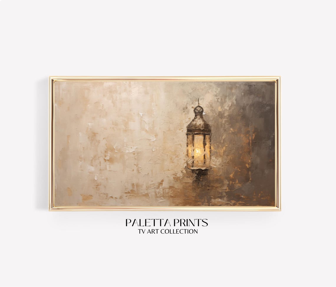 Islamic Lantern Ramadan Neutral Wall Art Rustic Beige Textured Frame Tv Artwork Middle Eastern Minimal Home Decor Vintage Lamp Glow - Image 3