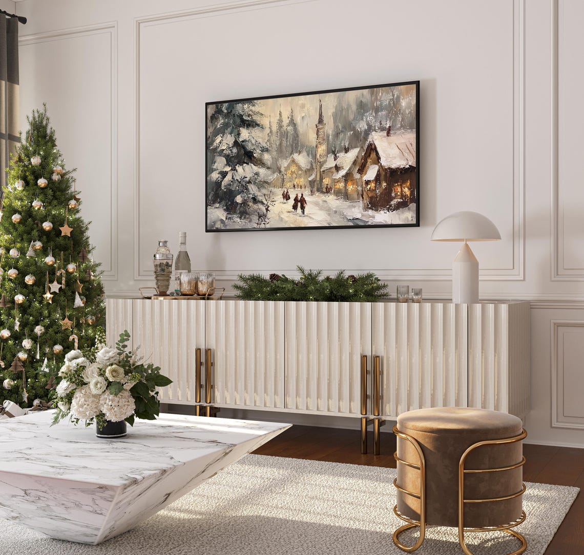Cozy Snowy Village With Church Glowing Windows Christmas Art Poster - Image 3