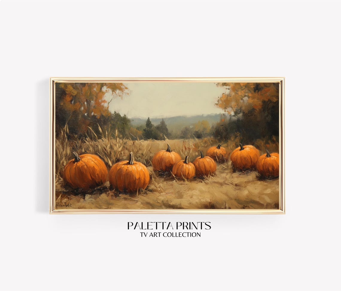 Golden Pumpkin Field Hills Autumn Trees Warm Harvest Landscape Poster