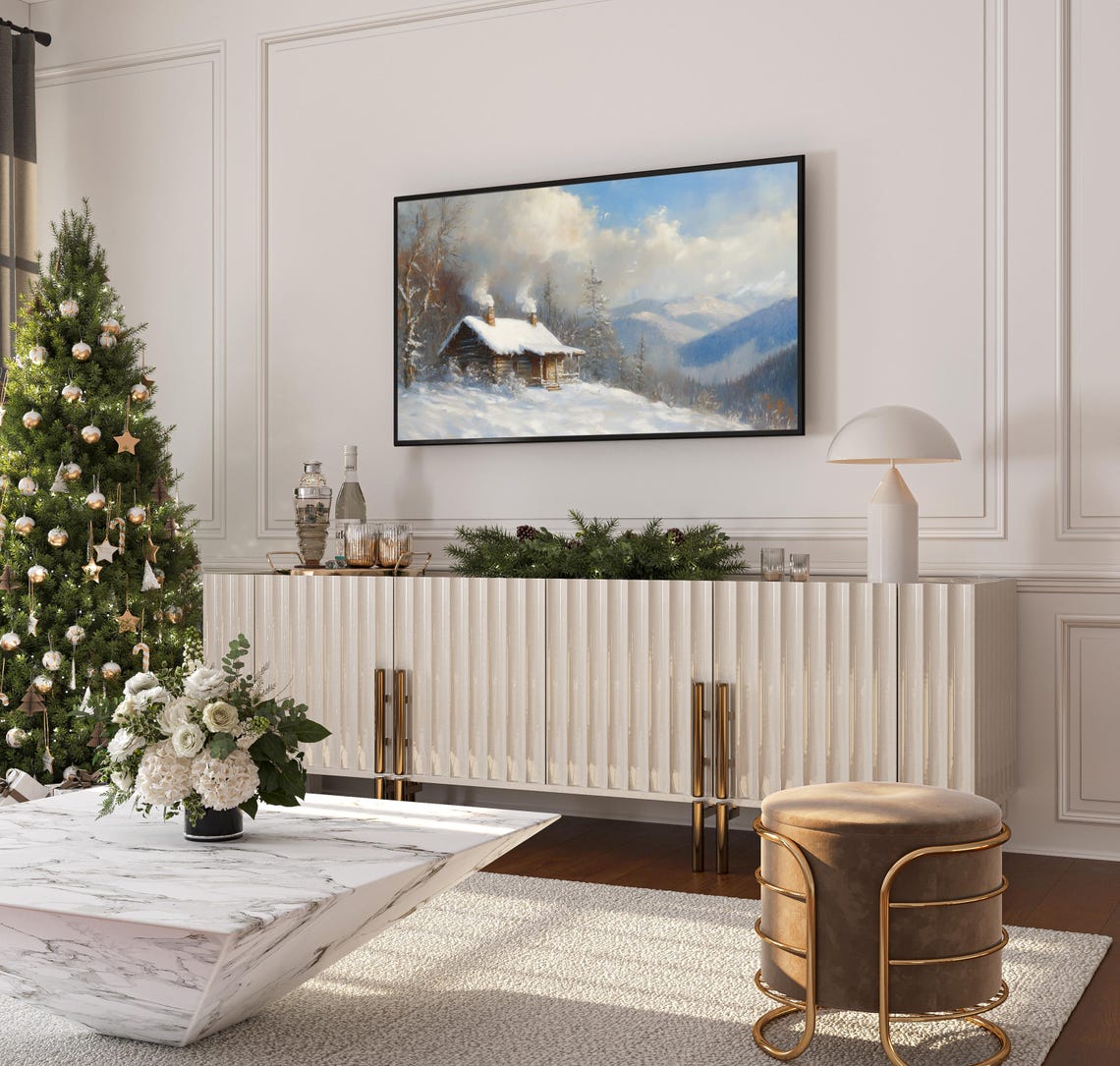 Cozy Cabin In Snowy Mountain Landscape Frame Tv Art Winter Log House Tranquil Rustic Sky And Nature Painting - Image 3