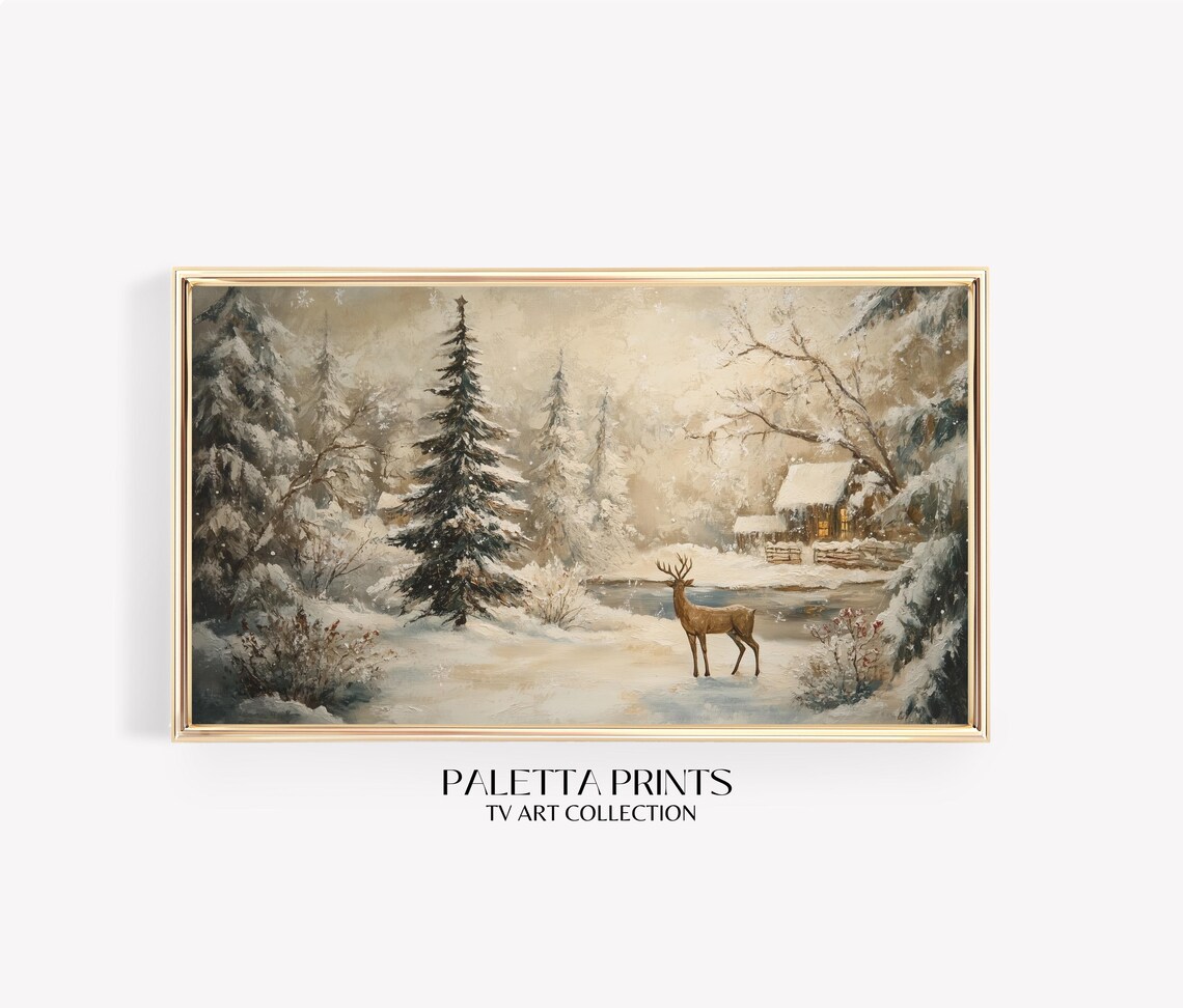 Deer In Snowy Forest With Warm Cabin Vintage Winter Scene Art Poster