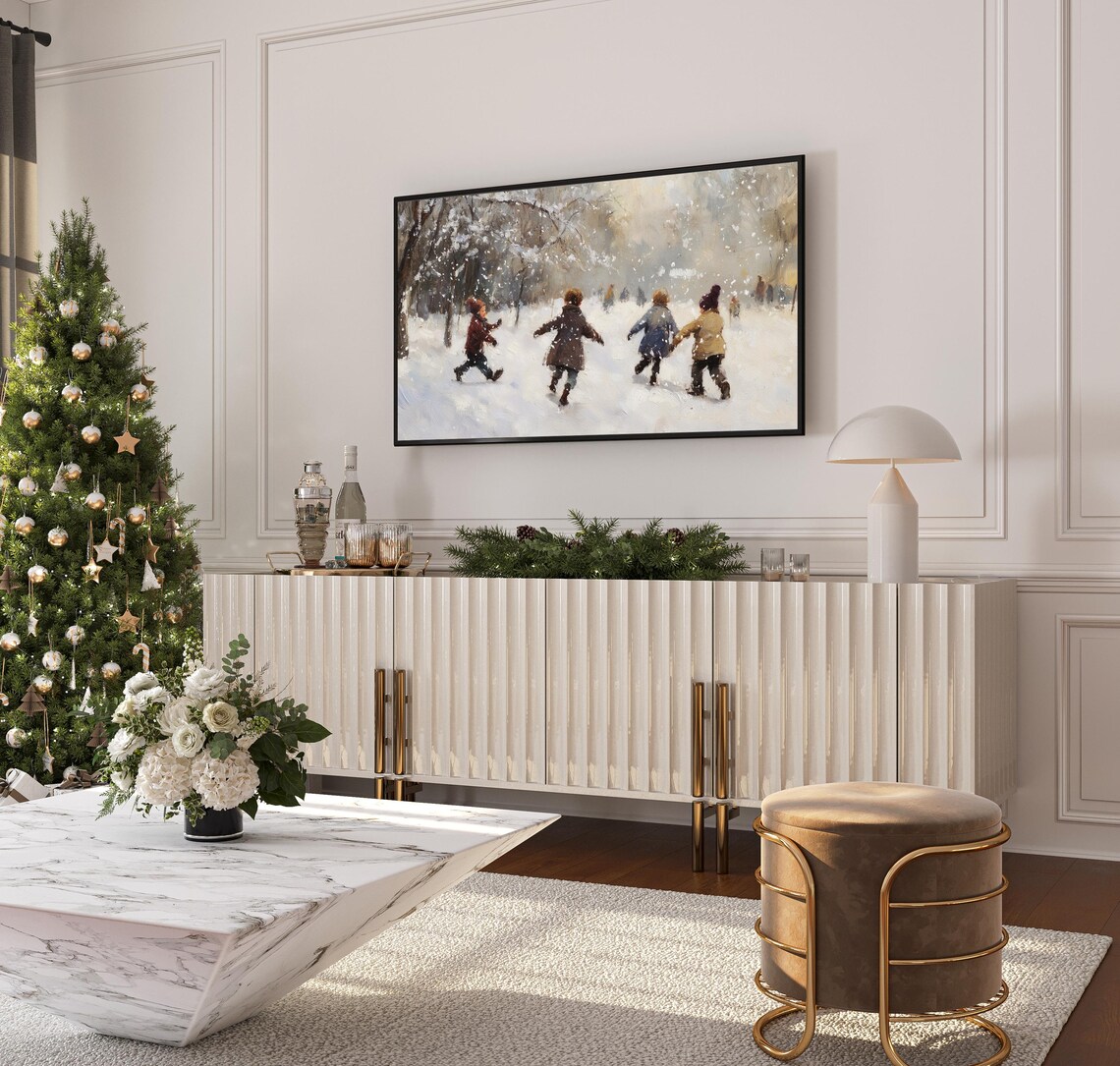Children Playing in Snow Vintage Winter Landscape Art Poster - Image 3