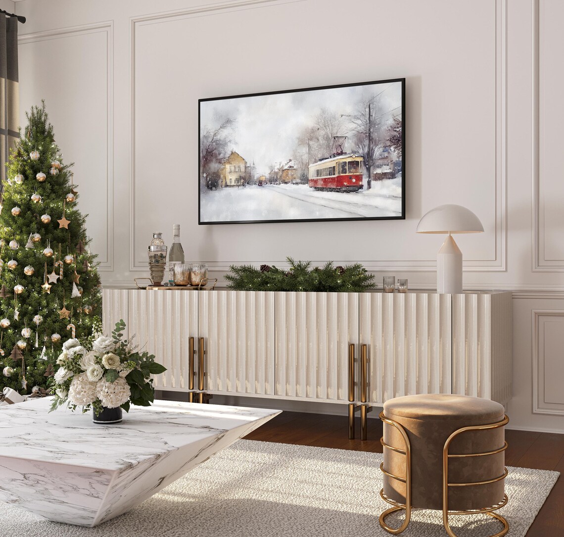 Vintage Red Cream Trolley Snowy Street Winter Morning Scene Tv Poster - Image 3