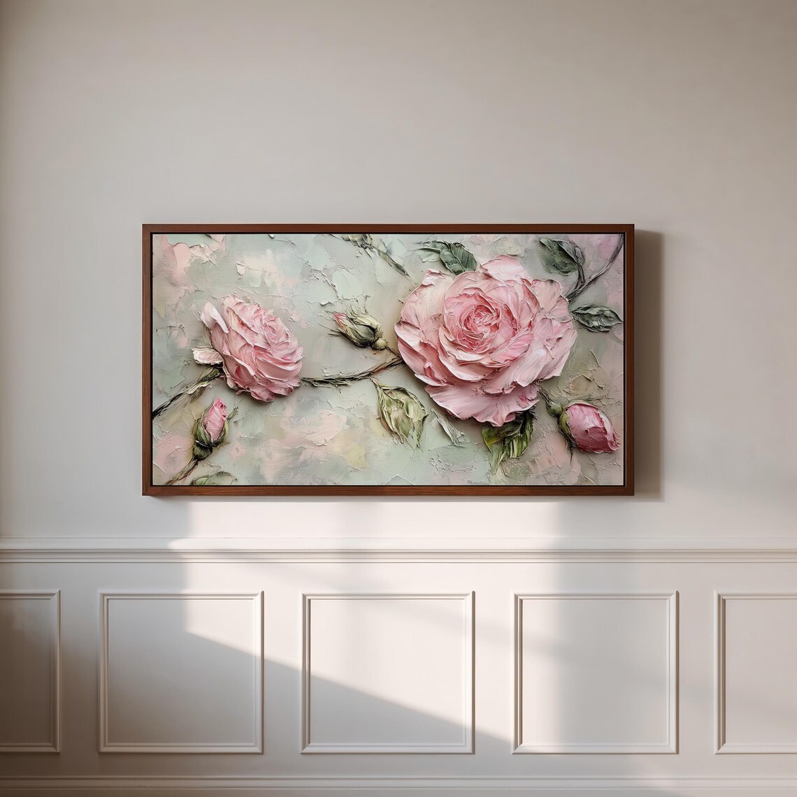 Blush Pink Roses Sage Green Impasto Textured Floral Art Poster - Image 3