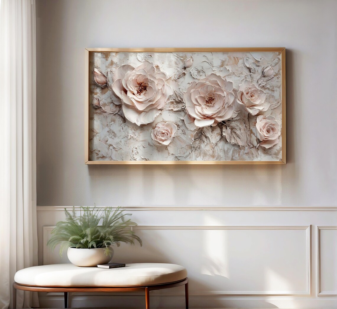 Blush Pink Roses Textured Impasto Floral Painting Art Poster - Image 2