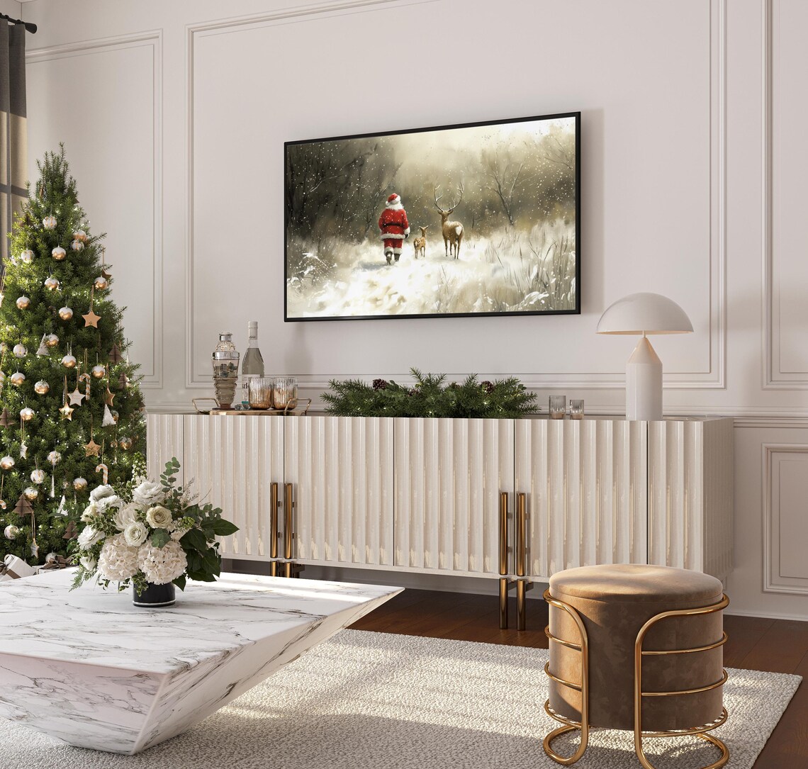 Santa Claus Reindeer Snowy Forest Walk Vintage Christmas Scene Poster - Image 3