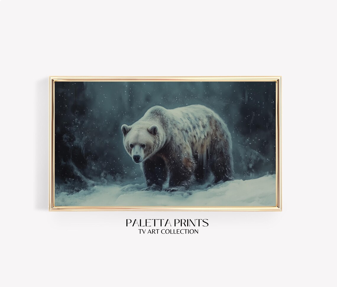 Majestic Bear Walking In Winter Snowstorm Dark Forest Wildlife Painting Art Poster
