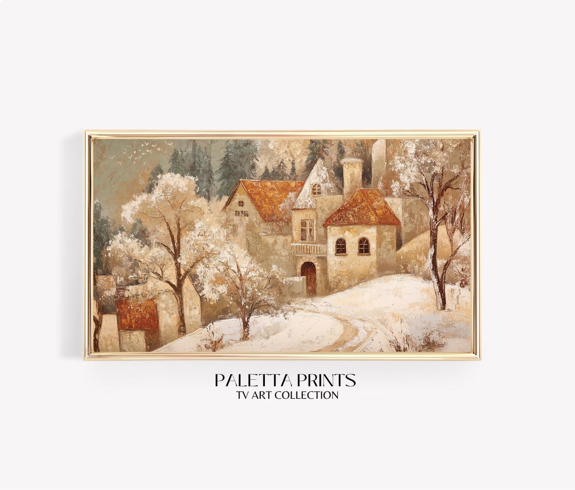 Rustic Winter Village Frame Tv Art Cozy Cottage Landscape Tv Art Neutral Decor Winter Wonderland Art
