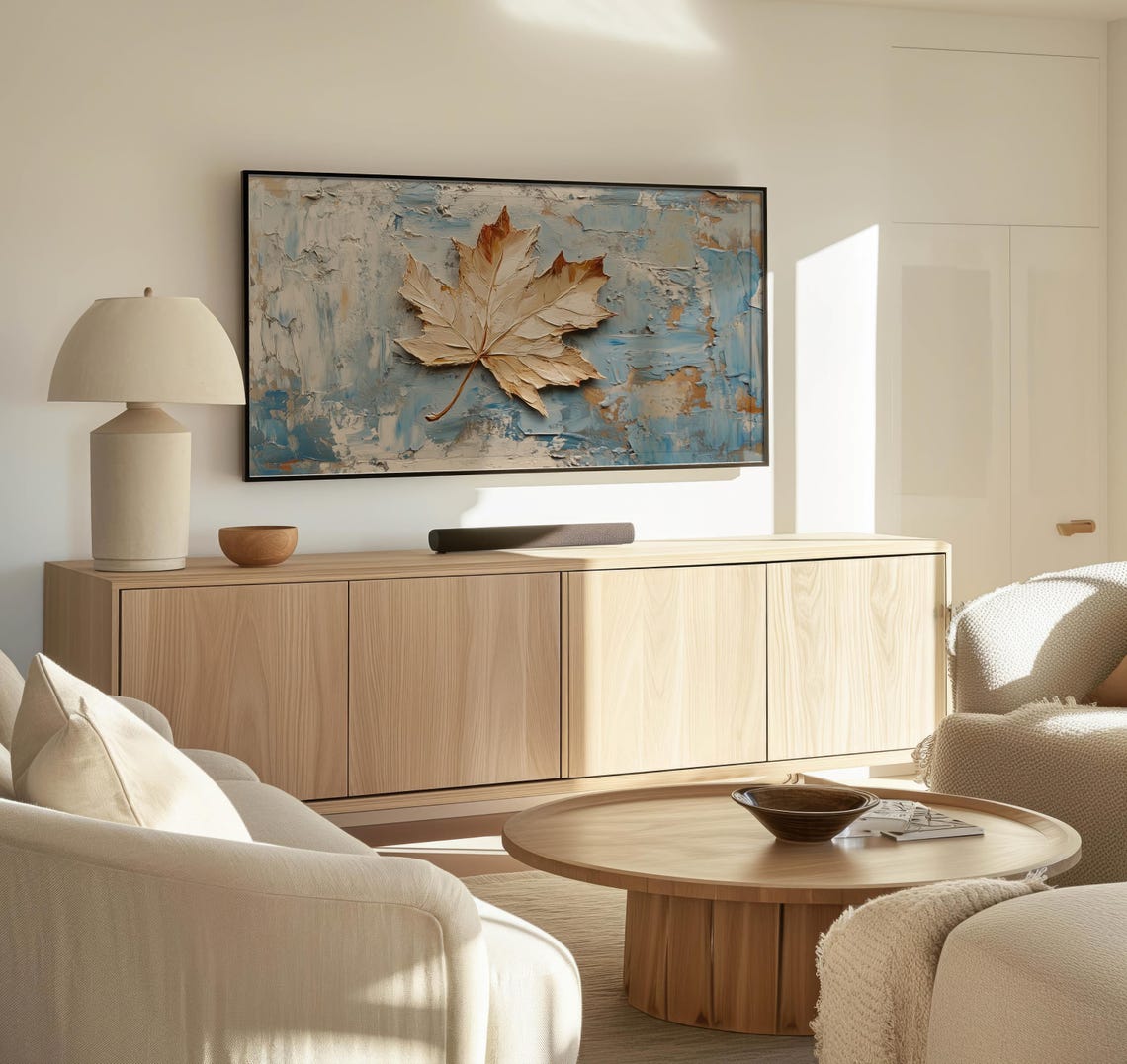 Maple Leaf Textured Impasto Painting Blue Neutral Fall Wall Art Poster - Image 3
