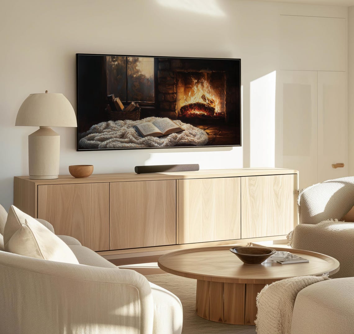 Fireplace Open Book Knit Blanket Cozy Reading Nook Winter Art Poster - Image 3