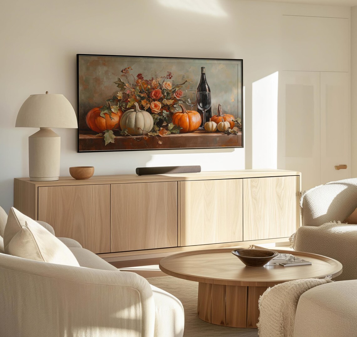 Thanksgiving Table Pumpkins Wine Glasses Autumn Roses Still Life Poster - Image 3