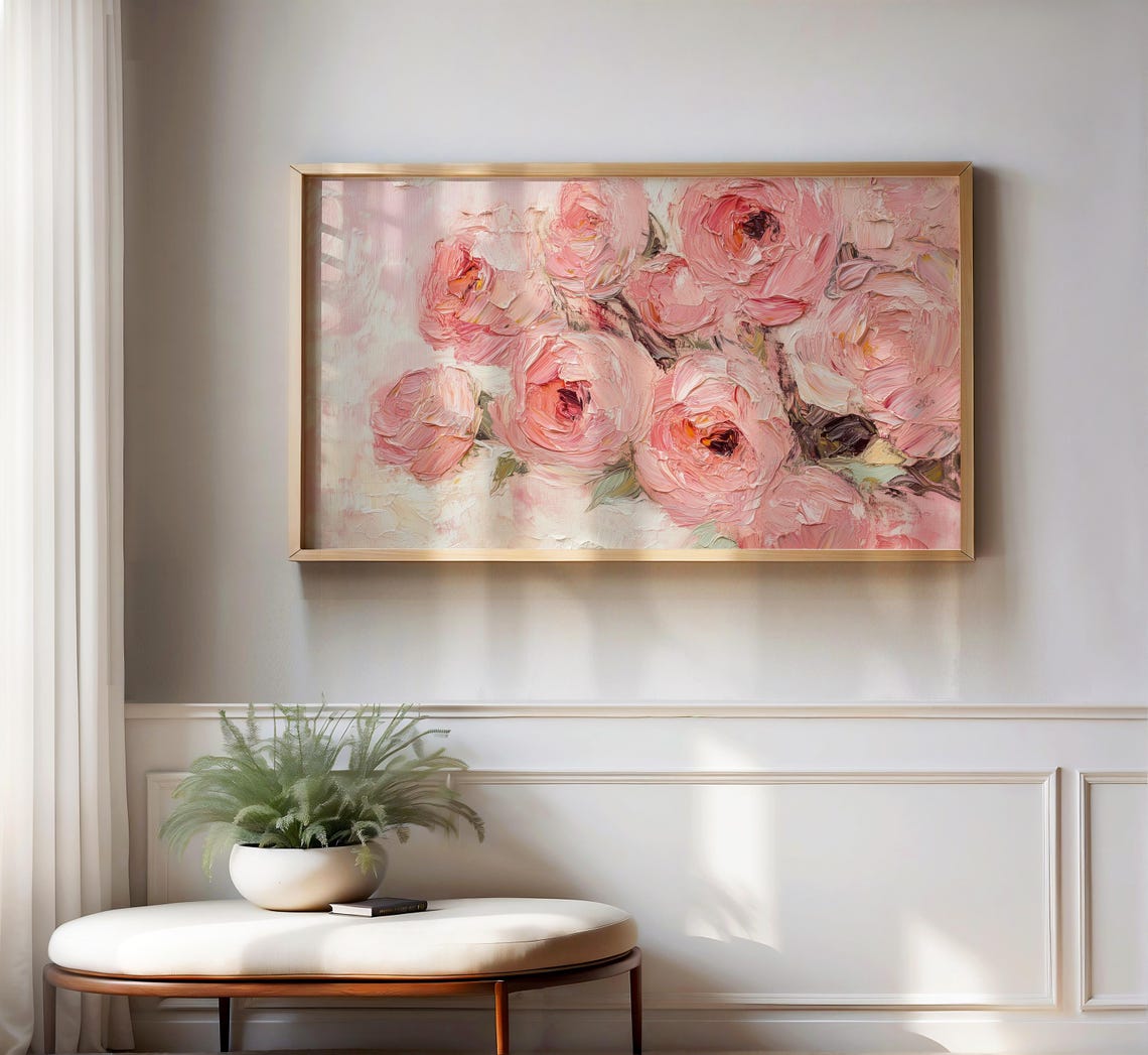 Pink Peony Roses Bouquet Impasto Blush Floral Beauty Art Poster - Image 2
