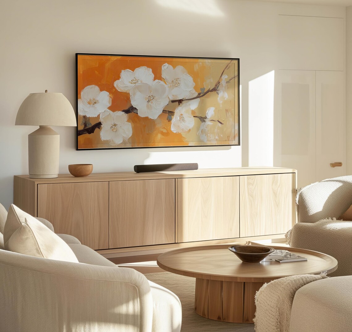 White Cherry Blossom Branch Textured Golden Orange Floral Art Poster - Image 3