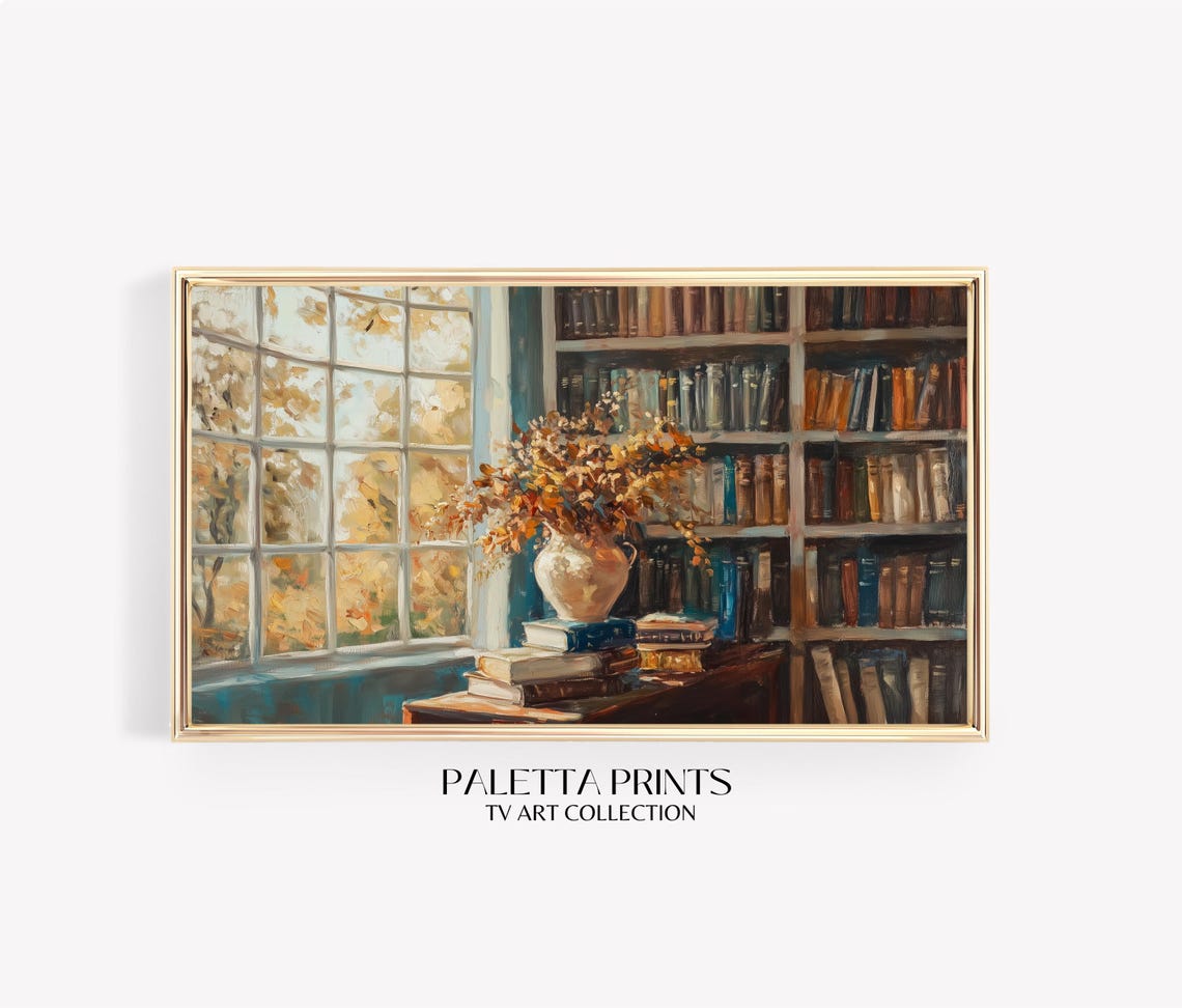 Cozy Library Nook Bookshelf Window Autumn View Vintage Fall Wall Art