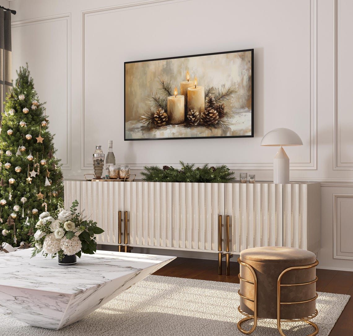 Warm Christmas Candlelight Pinecones Rustic Holiday Still Life Poster - Image 3