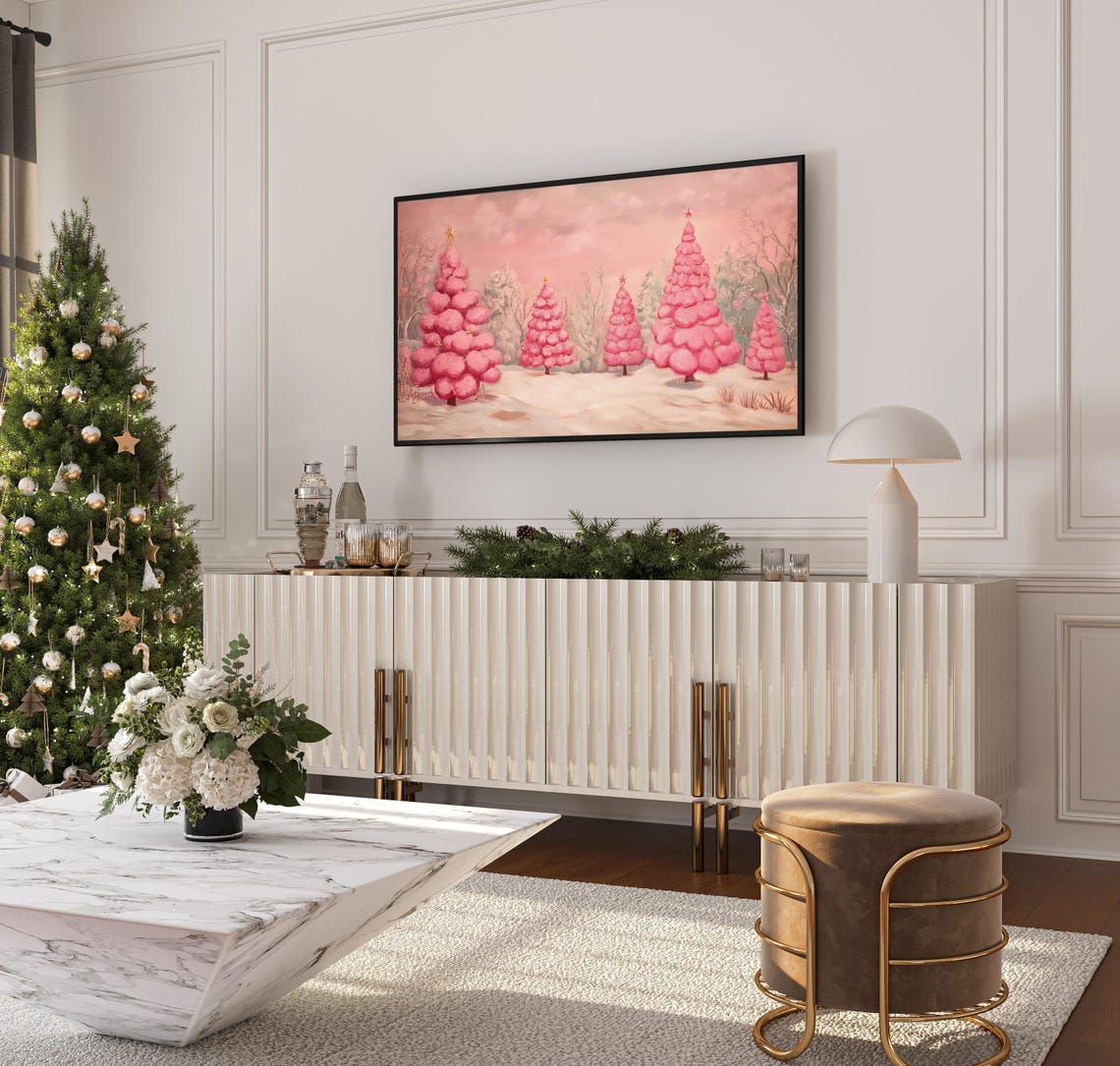 Pink Christmas Trees Star Toppers Snowy Winter Scene Wall Art - Image 3