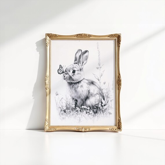 Rabbit and Butterfly Pencil Sketch Black White Wildlife Spring Art Poster