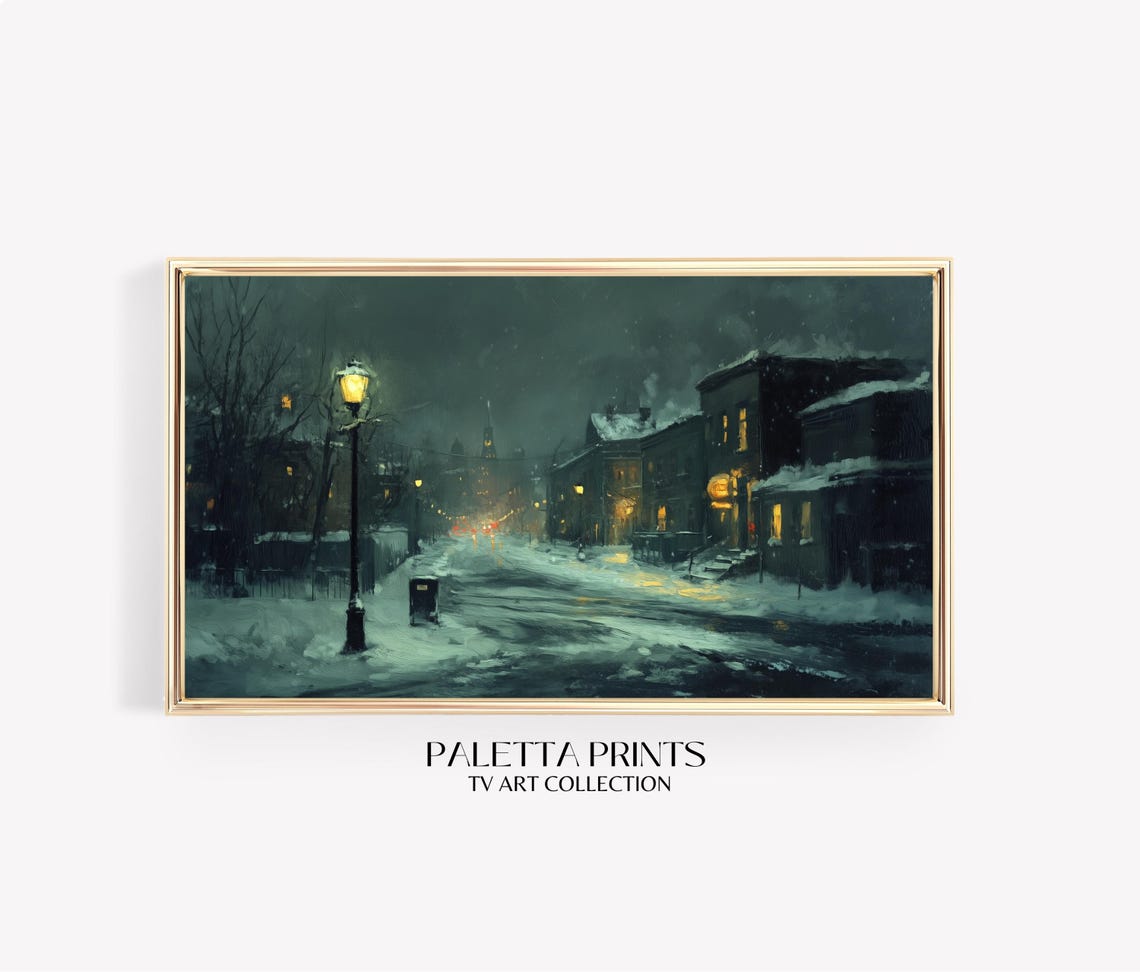 Vintage Snowy Night Street Scene Frame Tv Art Moody Winter Town Landscape Rustic Christmas Decor