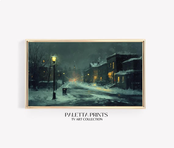 Vintage Snowy Night Street Scene Frame Tv Art Moody Winter Town Landscape Rustic Christmas Decor