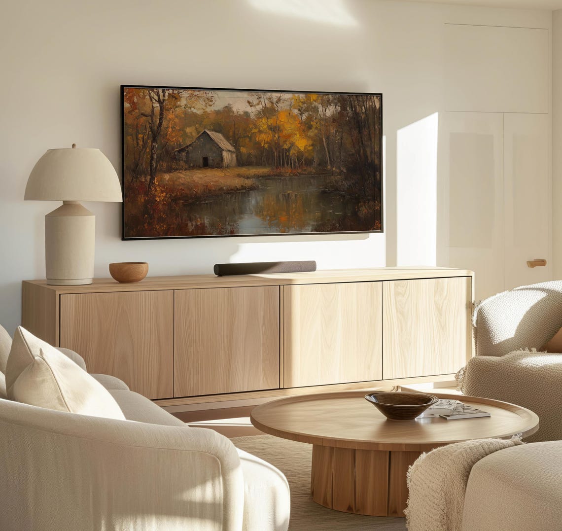 Frame Tv Moody Cottage By Pond Art Art For Frame Tvs Nature Tv Art Rustic Countryside Tv Art Fall Art Paletta Prints - Image 3