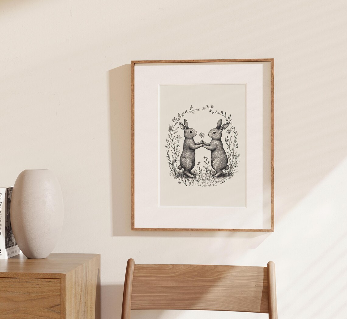 Vintage Bunny Sketch, Neutral Farmhouse Art Print