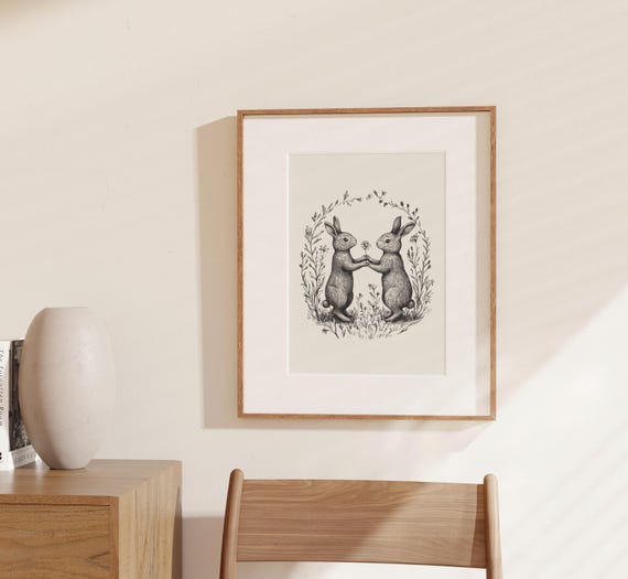Vintage Bunny Sketch, Neutral Farmhouse Art Print