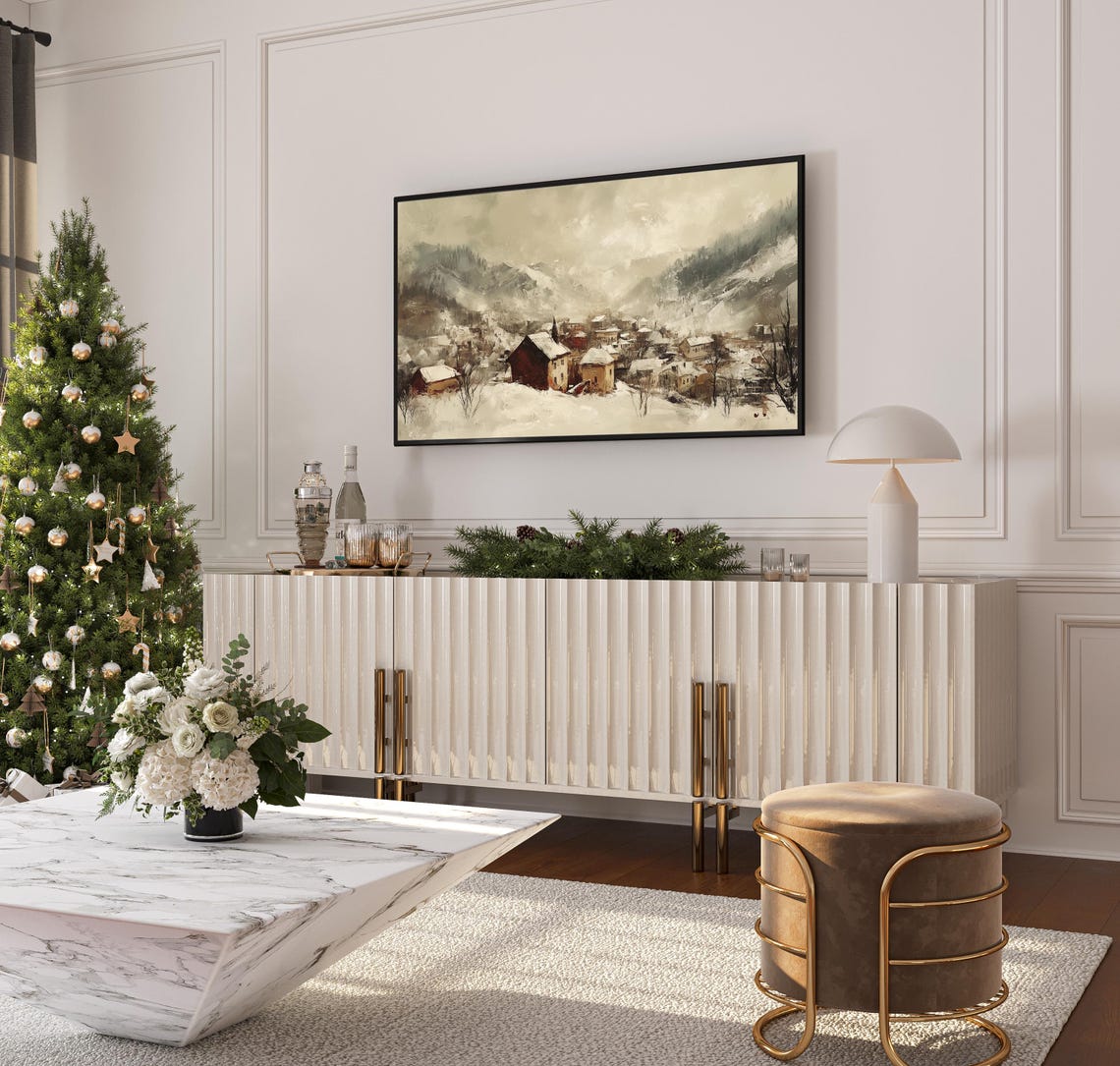 Snowy Alpine Mountain Village Winter Landscape Rustic Painting Poster - Image 3