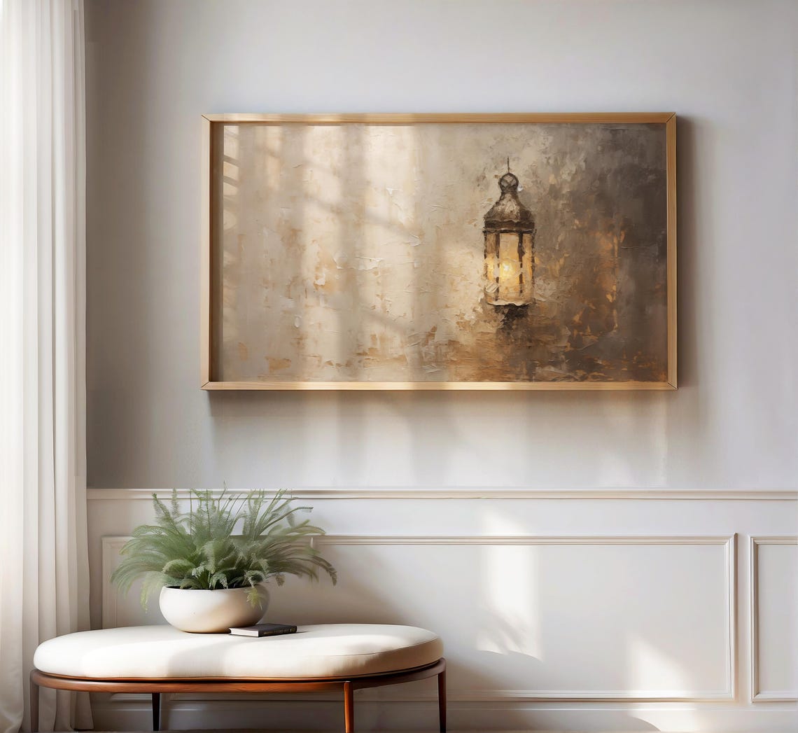 Islamic Lantern Ramadan Neutral Wall Art Rustic Beige Textured Frame Tv Artwork Middle Eastern Minimal Home Decor Vintage Lamp Glow - Image 2