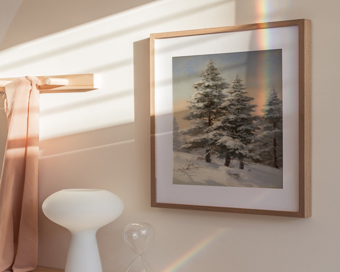 Snow Covered Pine Trees Warm Sunset Glow Winter Painting Poster - Image 3