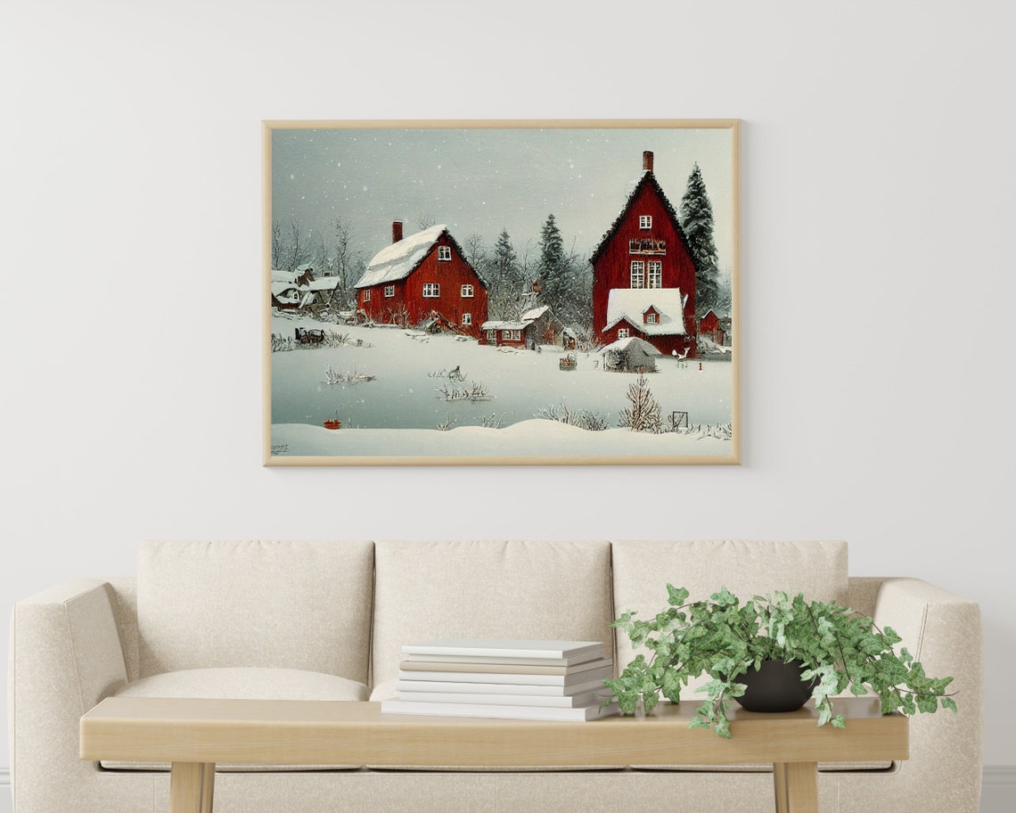 Red Scandinavian Barns in Snow Vintage Winter Landscape Poster - Image 3