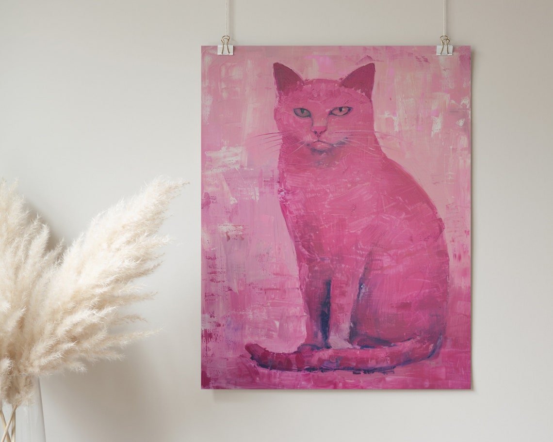 Pink Girly Cat Poster Print Cute Wall Art Pet Lover Gift Nursery Home Dcor Wall Art - Image 2
