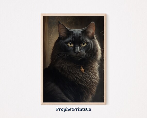 Fluffy Black Cat Portrait With Amber Eyes Dark Moody Art Poster