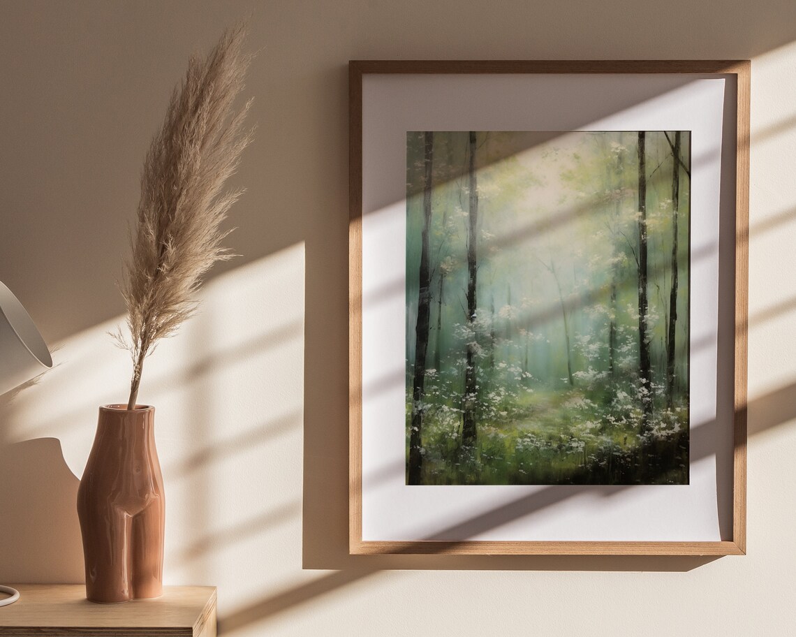 Sunlit Green Forest White Blossoms Misty Woodland Scene Poster - Image 4
