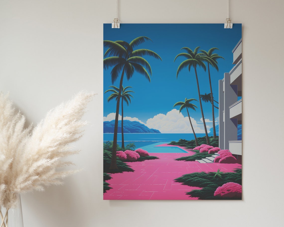 Poolside Palm Trees Pink Patio Japanese City Pop Retro Art Poster - Image 2