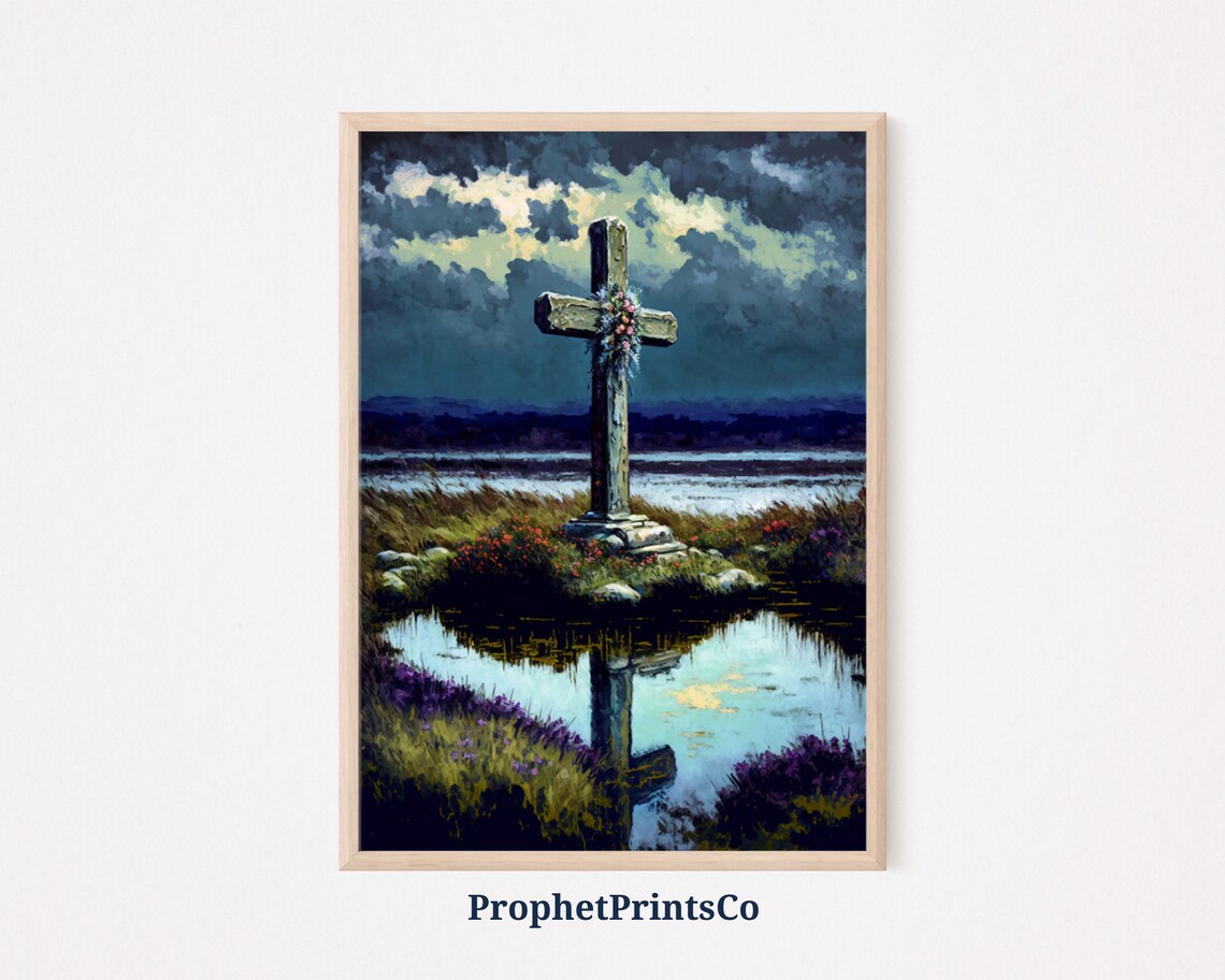 Stone Cross Reflected in Marsh Pond Under Stormy Sky Art Poster