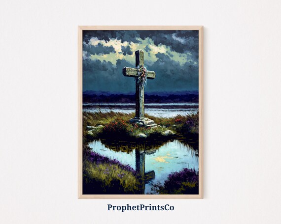 Stone Cross Reflected in Marsh Pond Under Stormy Sky Art Poster