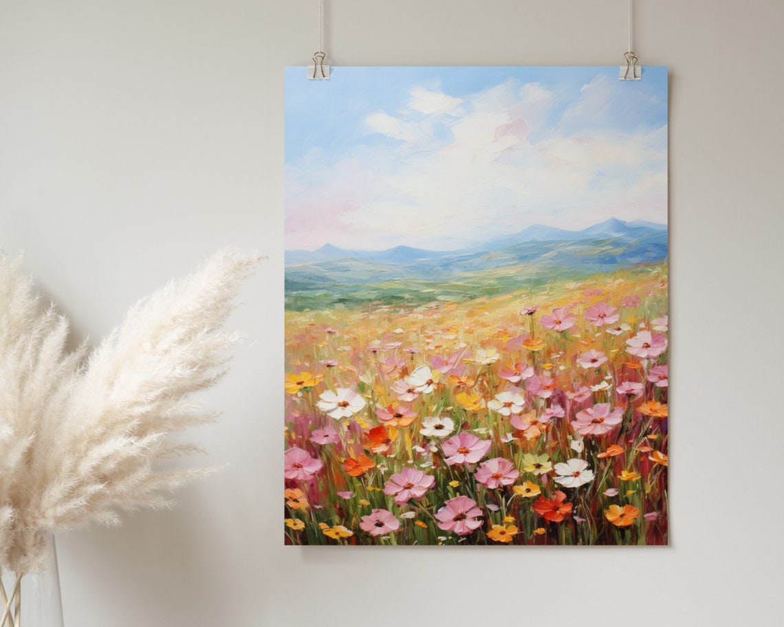 Colorful Cosmos Wildflower Field Mountain Landscape Art Poster - Image 2