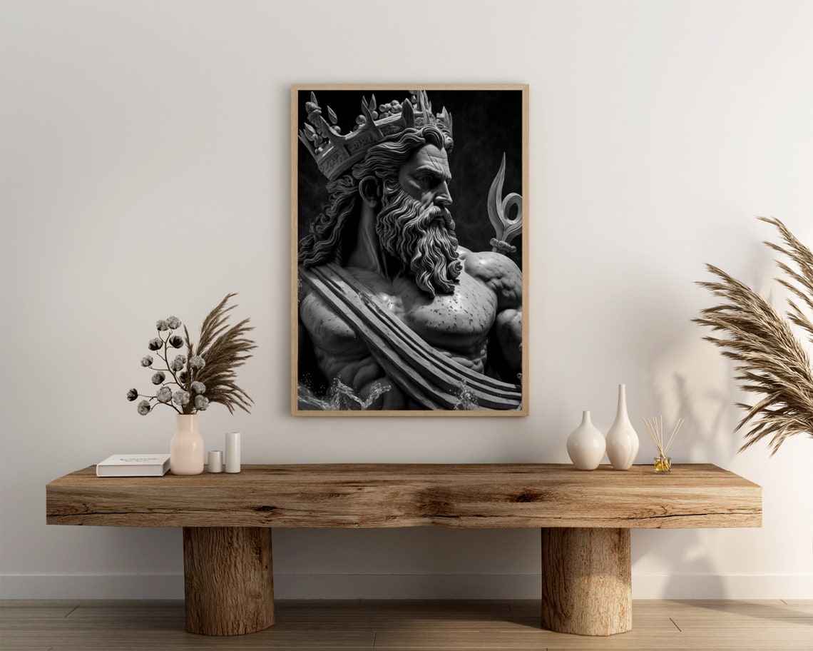 Crowned Poseidon With Trident Black White Greek Sea God Statue Poster - Image 3
