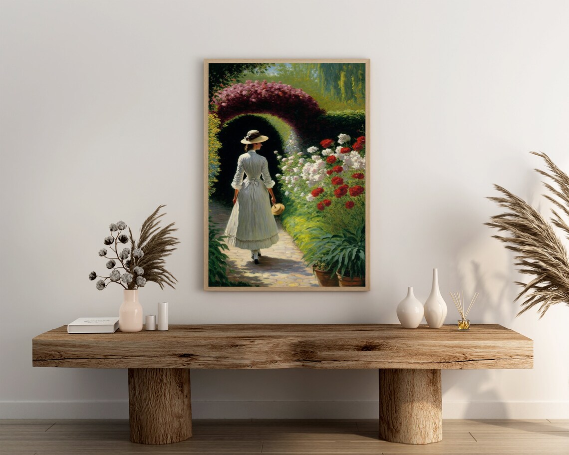Lady Walking Beneath a Blooming Rose Arch in a Vintage Garden Poster - Image 3