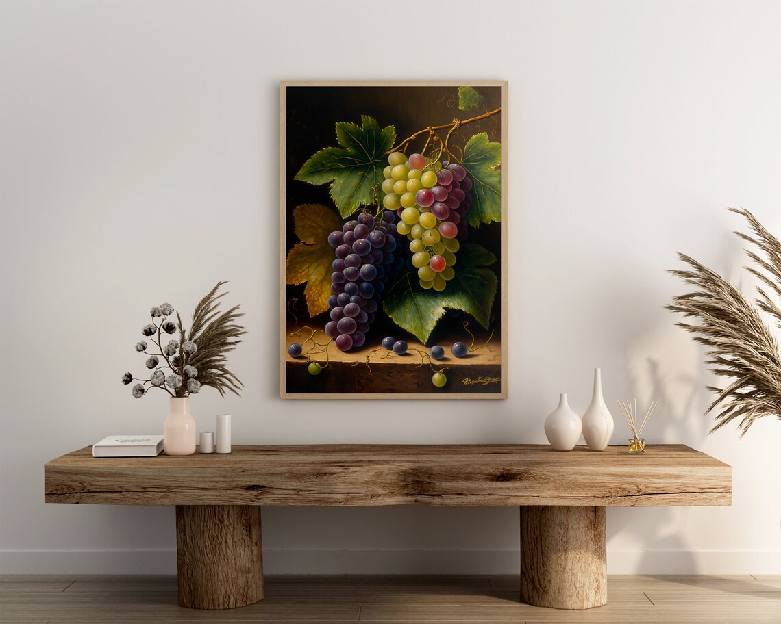 Classic Still Life of Grapes on the Vine With Leaves Dark Background Poster - Image 3