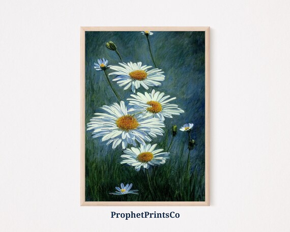 White Daisy Bouquet Impressionist Oil Painting Blue Green Garden Poster