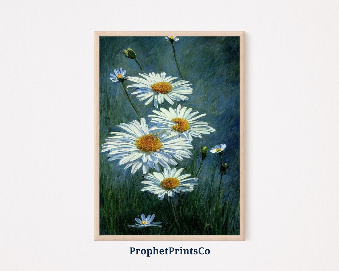 White Daisy Bouquet Impressionist Oil Painting Blue Green Garden Poster