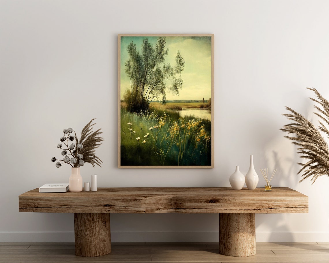 Riverside Meadow with Lone Tree Vintage Impressionist Art Poster - Image 3