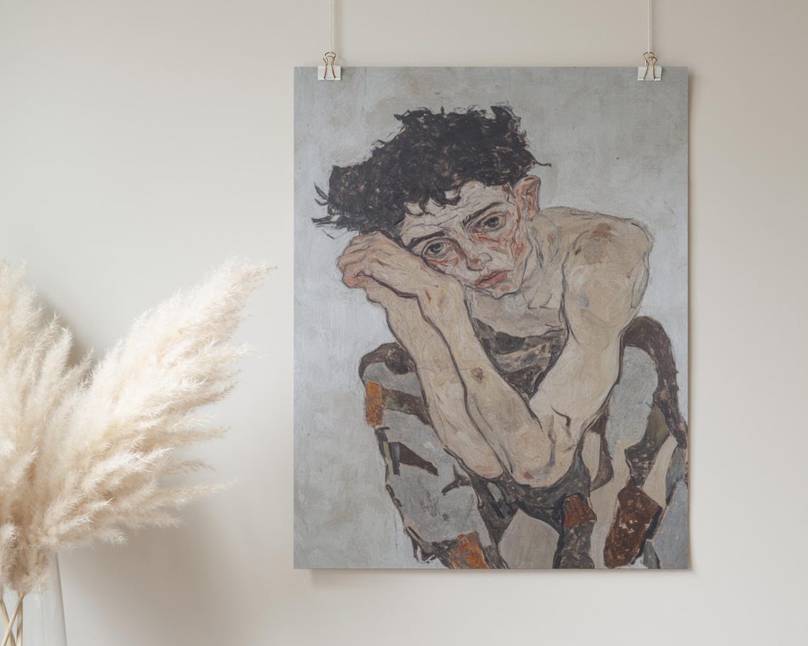 Expressionist Male Figure Crouching Hands Clasped Emotional Art Poster - Image 2