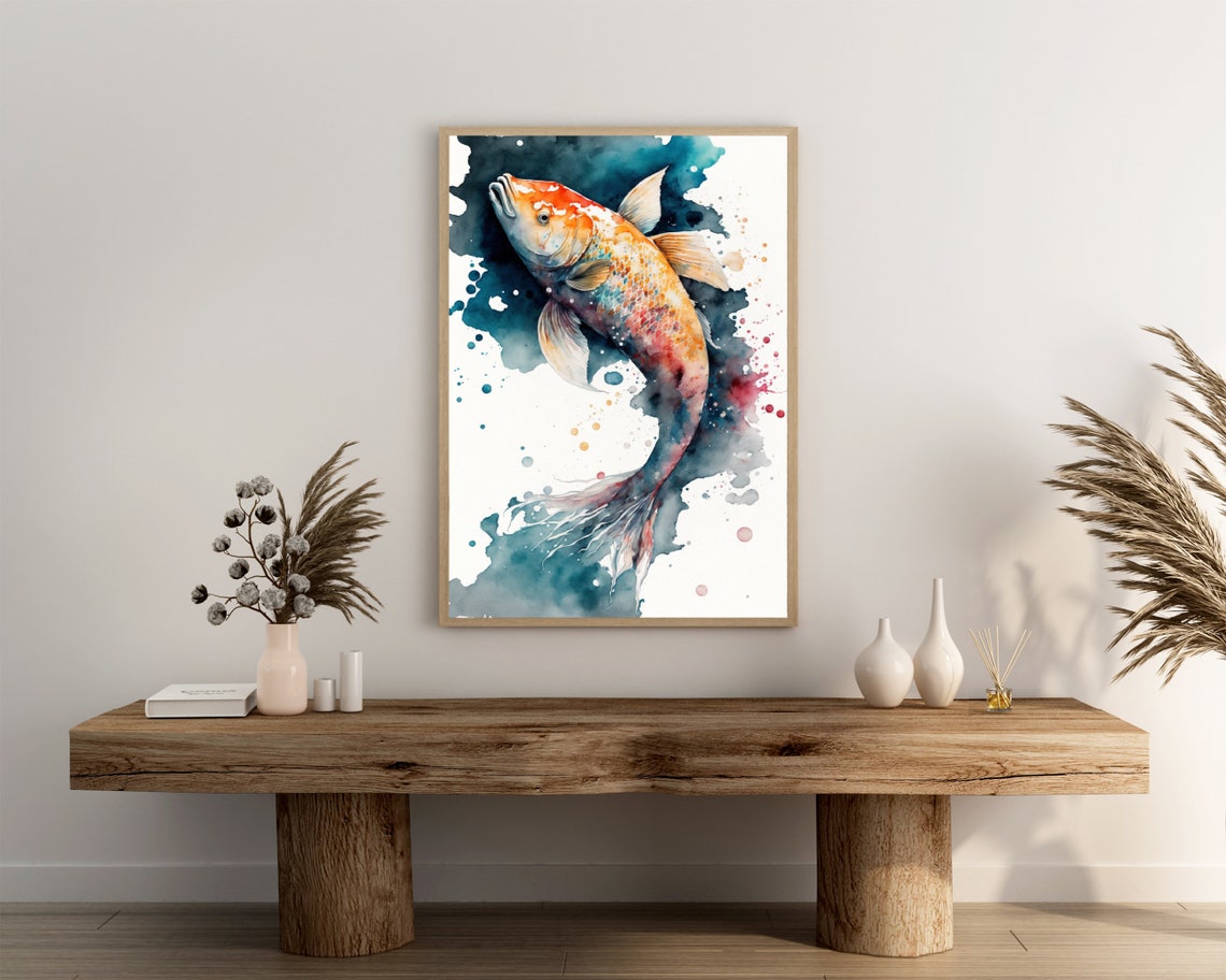 Koi Fish Watercolor Golden Orange Splash Dramatic Teal Art Poster - Image 3