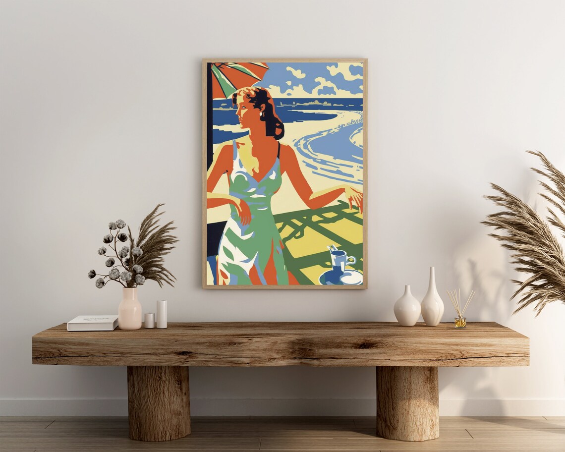 Woman In Sundress At Seaside Cafe With Ocean View Pop Poster - Image 3