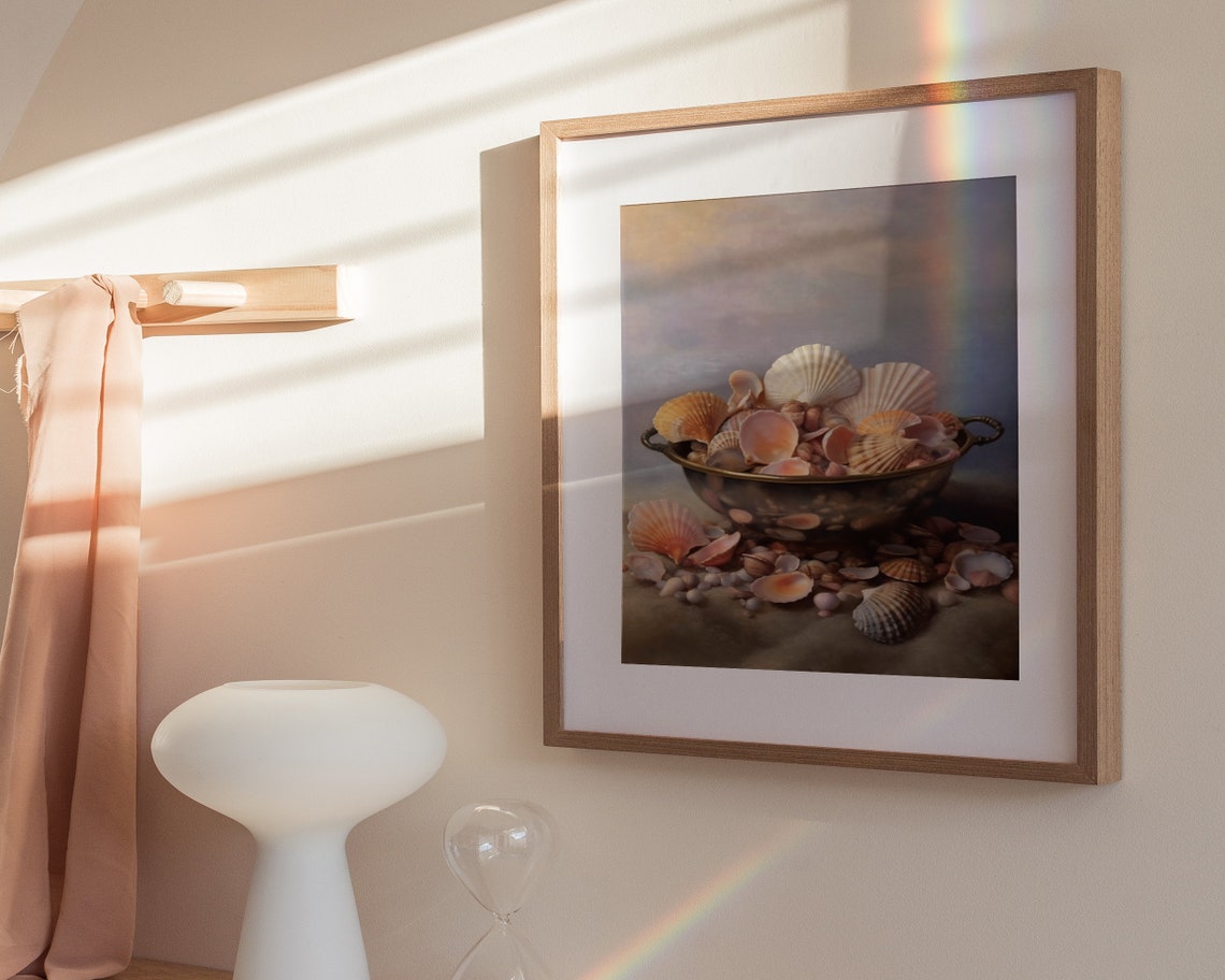 Overflowing Shell Bowl Pink Scallops Beach Sand Still Life Poster - Image 3